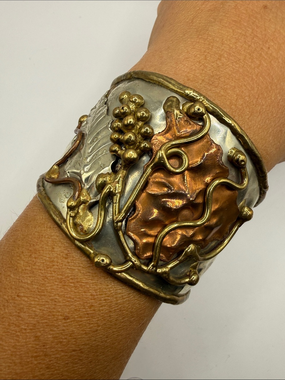 Vintage Silver Gold Copper Tone Brutalist Leaf Grapes Large Cuff Bracelet Bangle